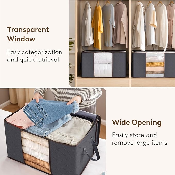 Lifewit 10 Pack Clothes Storage, Foldable Organization Bins with Lids and Clear Window for Blanket, in Closet with Reinforced Handles for Clothing, Bedding, Gray