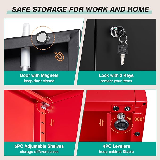 SISESOL Wide & Deep Metal Storage Cabinet with 6 Shelves,72" Tall Red Garage Storage Cabinet with Lock,Metal Cabinets with Locking Doors,Lockable Steel Cabinets for Home,Office,Shop,Garage,72x36x18
