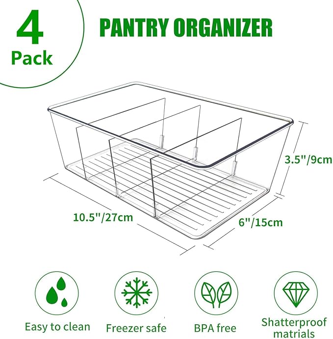 4 Pack Pantry Organizers and Storage,Snack Containers with 3 Dividers for Kitchen,Fridge,Refrigerator Organization and Storage,Clear Plastic Organizer Bins for Spice,Tea bag,Seasoning