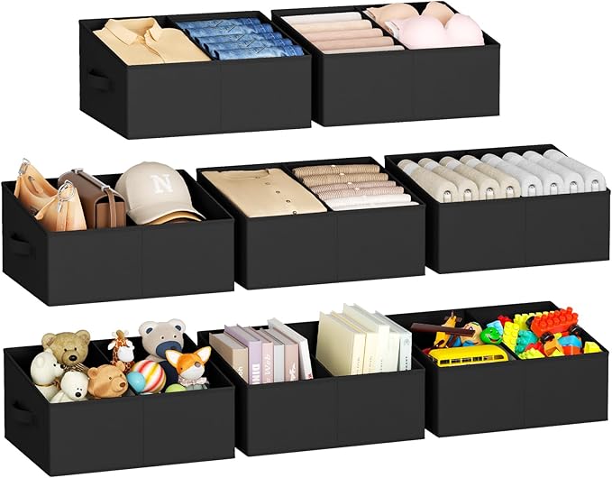 DIMJ Large Closet Shelf Organizer Bins 8 Packs with Handles and Divider, Fabric Trapezoid Storage Baskets, Foldable Clothes Containers Box for Shelf, Towel, Book, Toy, Purse, Hats, Black