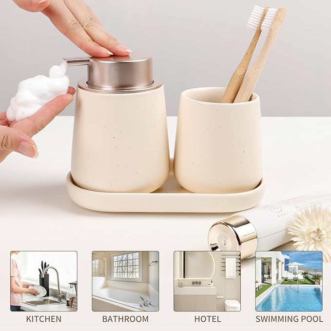 BosilunLife Bathroom Accessories Set 3 pcs - Bathroom Ceramic Foaming Soap Dispenser Set Farmhouse Bathroom Decor, Foam Soap Dispenser and Toothbrush Holder with Tray