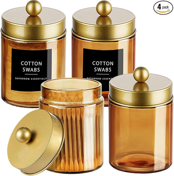 Amolliar Bronze Glass Apothecary Jar, Qtip Holder Metal Lid & Stickers, Bathroom Qtip Dispenser Storage Canister, Perfect for Cotton Balls, Cotton Swabs, Makeup Pads, Bath Salt, Floss, 4 Pack (Gold)