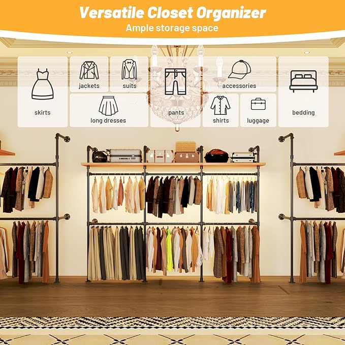 Industrial Pipe Clothing Rack, Reversible 79.7” Clothes Rack for Hanging Clothes with LED Lights, Black Wall Clothing Rack Wall Mounted Rack for Walk-in Closet, Laundry Room or Retail Display