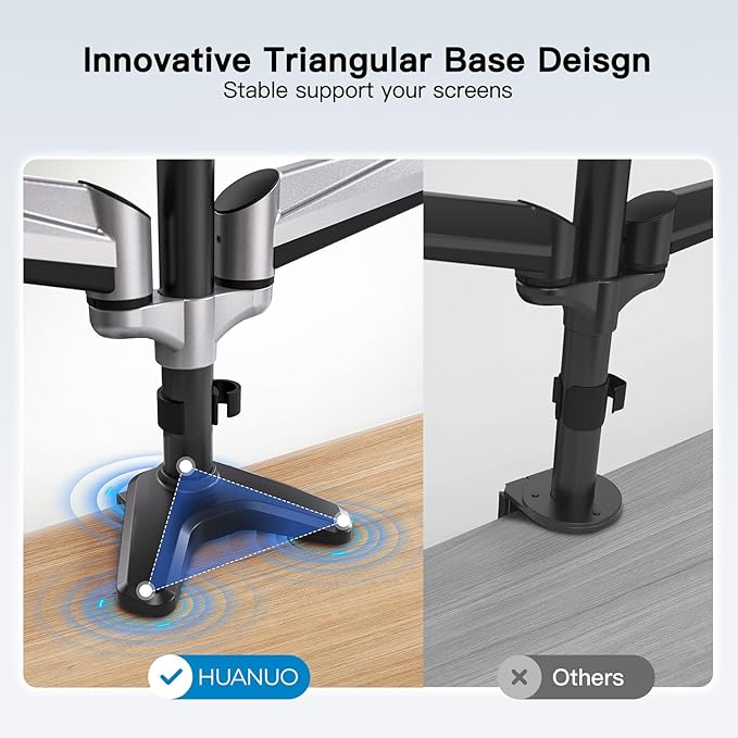 HUANUO Triple Monitor Stand - Full Motion Articulating Monitor Mount Fit Three 17 to 32 inch Flat/Curved LCD Computer Screens with Clamp, Grommet Kit, Silver