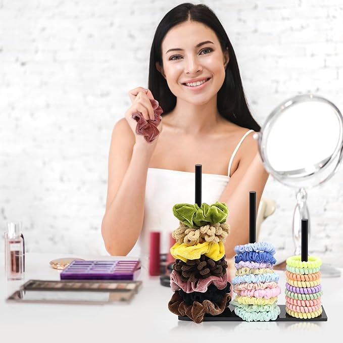 SMUK 3-Tiers Acrylic Scrunchie Holder Organizer, Black Hair Tie Holder Stand for Women Teen Girls Scrunchie Storage Scrunchy Hair Accessories Organizer