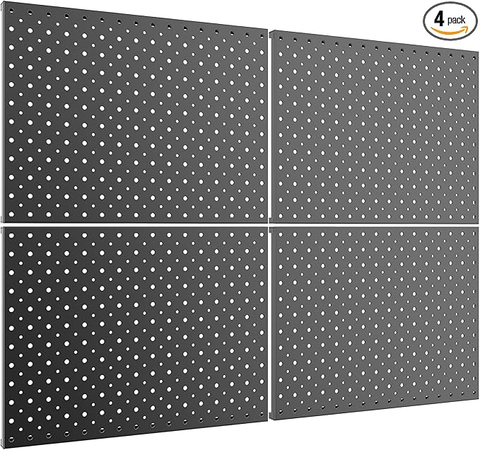 TORACK 4 PCS 12"x16" Metal Pegboard Panels for Garage, Workbench, Shop, Tool Organizer Peg Board with 1/8" & 1/4" Holes, Modular Wall-Mounted Pegboard for Pegboard Hooks (Black)