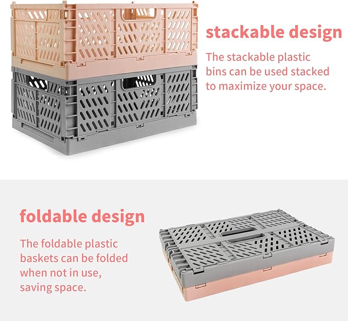 Domiella 2-Pack Crates for Storage, Storage Crates Plastic Stackable, Foldable Crate for Office Home Kitchen Bedroom Bathroom (Large, Gray)