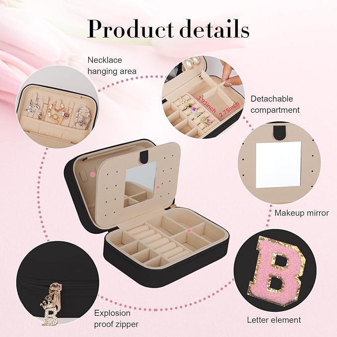 TopPerfekt Travel Jewelry Case, Jewelry Box with Mirror, Jewelry Organizer Bridal Shower Gifts to Her, Earring Storage Travel Case, Trendy Gift for Women and Girls, Girlfriend-Letter B, Black