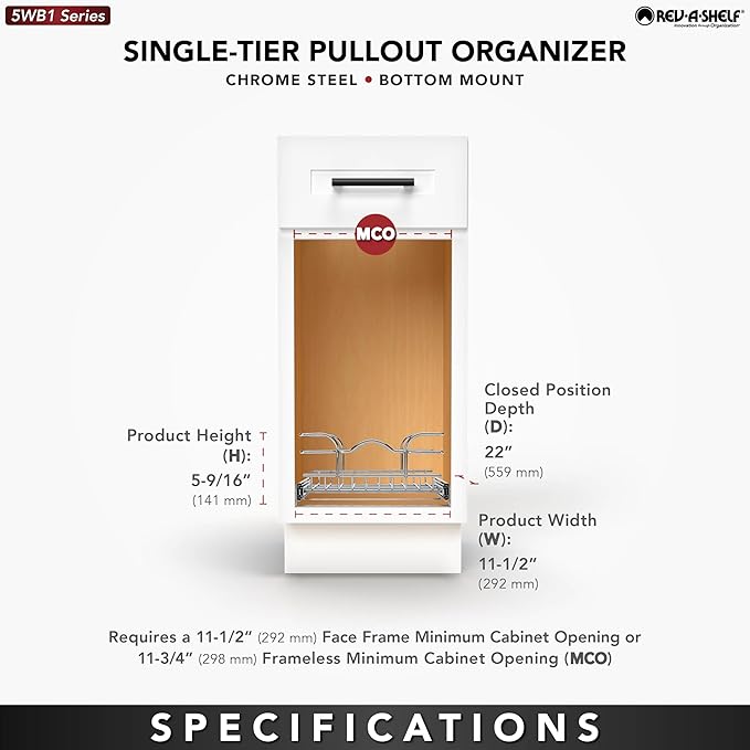 Rev-A-Shelf Pullout Kitchen Cabinet Drawer and Rolling Organizer Cabinet Pantry Storage Basket in Multiple Sizes, 12 x 22 in, 5WB1-1220CR-1
