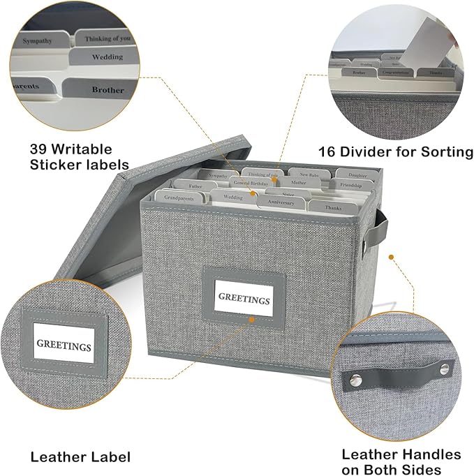 Greeting Card Organizer Box with 16 Dividers,Collapsible Greeting Card Storage Box with Handles Hold 150+ Cards,Greeting Card Holder for Greeting Cards,Sticker, Recipes, Photos, Envelopes,2-Pack