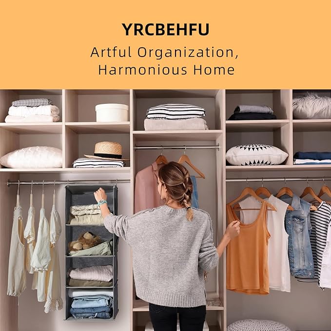 6-Shelf Hanging Closet Organizer and Storage, Collapsible Hanging Shelves for Closet with 2 Side Pockets, Hanging Shoe Organizer to Saving Space,Grey