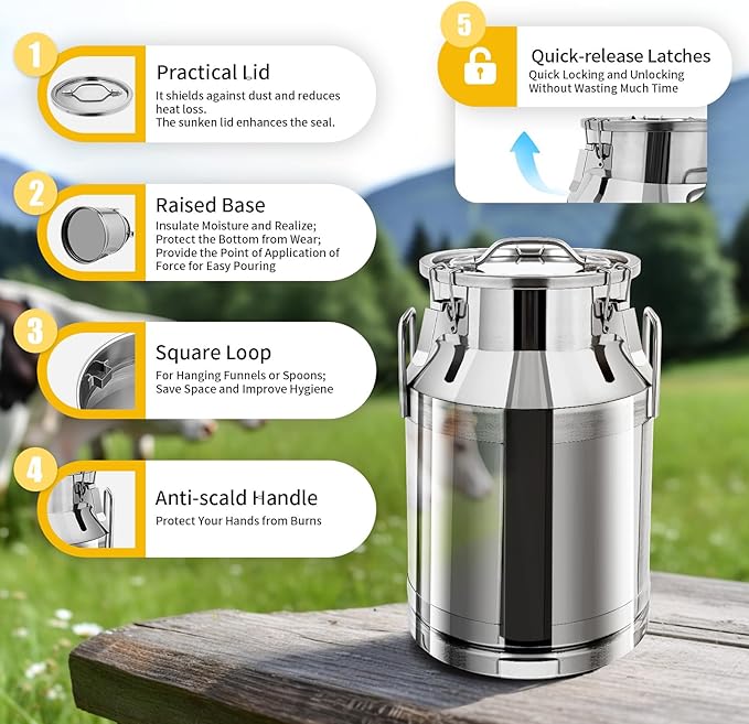 30L / 7.95Gallon Transport Cans Stainless Steel Milk Can Milk Bucket Wine Pail Bucket Milk Can Tote Jug with Sealed Lid Heavy Duty Wine Pail Liquid Storage