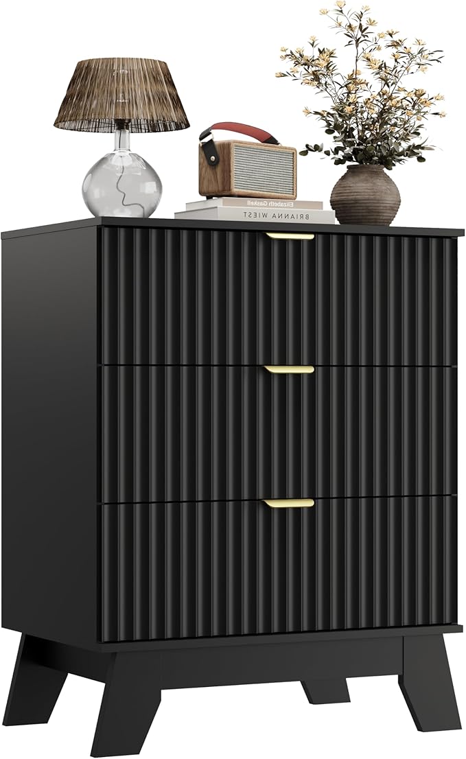 Night Stand Set 2, Bedside Table & End Table, Mid Century Modern Fluted Wood Nightstand with 3 Drawers & Metal Handles, Farmhouse Nightstand for Bedroom, Black
