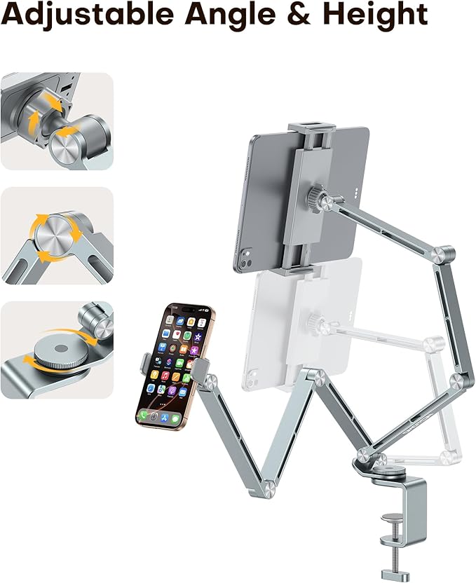 OMOTON Adjustable Tablet Stand for iPad, Desk Phone Holder for Bed with 2 Clamps, Flexible Aluminum Alloy Mount with 360° Rotation for 4-13" Devices