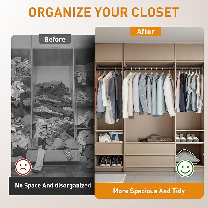 Black Adjustable Closet Rod 18-63 Inches, Heavy Duty Metal Clothes Hanging Rod, Rust-Proof Non-Slip Wardrobe Bar for Closet, Laundry Room, RV