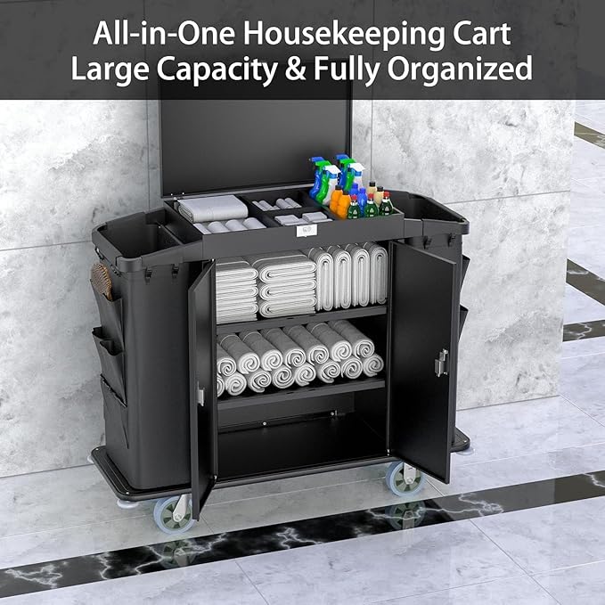 Heavy Duty Metal Housekeeping Janitorial Cart,Silent Casters,Locking Large Capacity Cabinets,Cleaning cart for Housekeeping/Commercial Facility/Hotel/Stadium/School(Black)