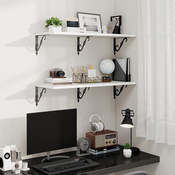 Fun Memories 36 Inches Floating Shelves, Rustic Long Wall Shelves, 8 Inch Deep Book Shelf Wall Mounted with Bracket, Wide Display & Storage Shelves for Living Room, Bathroom, Bedroom, White, Set of 2