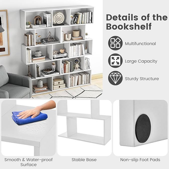 5-Tier Geometric Bookcase Set of 2, 62.5” Freestanding Room Divider Bookshelf with Open Display Shelves & Anti-tip Device, Wood S-Shaped Storage Organizer for Living Room, Bedroom & Home Office