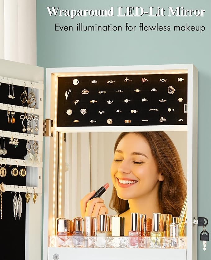 LUXFURNI LED Lights Mirror Jewelry Cabinet Wall Mounted or Door-Hanging, 42" Full Length Mirror with Storage, Built-in Makeup Mirror, Lockable Jewelry Mirror Organizer, White