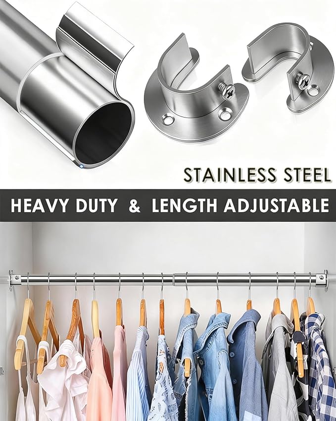 FIRJOY Premium Stainless Steel Closet Rod 1.0mm/1.3", Heavy Duty Adjustable Hanging Bar for Clothes Organization, No-Splice 1-Piece Telescoping Design (Silver, 16.9" - 26.9")