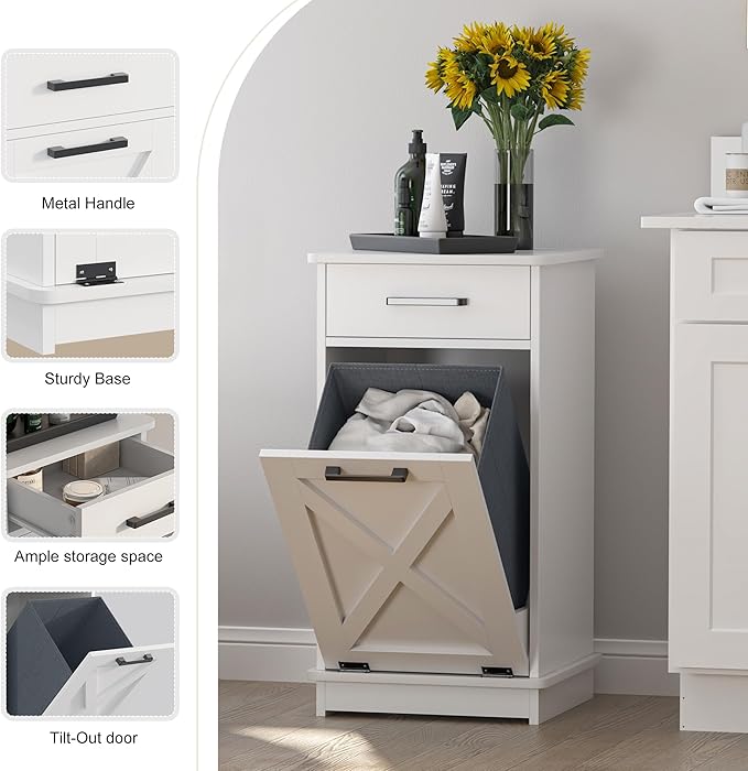 White Tilt Out Laundry Hamper Cabinet Hidden Laundry Hamper with Drawers and Baskets for Bathroom Hamper Cabinet with Storage for Kitchen Living Room,16x16x30in（Barn door panel）