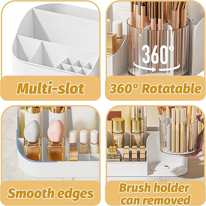 DASITON Large Capacity Makeup Organizer with 360° Rotating Makeup Brush Holder, Perfume and Skincare Storage Organizers for Vanity Bathroom Countertop, Cosmetic Display Case (White, 1 Tier)