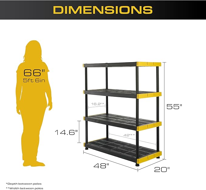 CX Black & Yellow, 4-Tier Heavy Duty Plastic Storage Shelving Unit, 200lbs/shelf (55"H x 48"W x 20"D), for Garage Tools, Basement & Outdoor Organization, Modular Rack