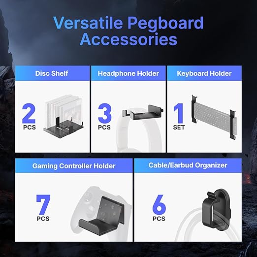 PEGZONE Controller and Headphone Holder Wall Mount, Modular Gaming Pegboard with Accessories, Controller Stand for Xbox PS5 PS4 Switch, Video Game Storage, Disc Shelf, 14pcs Pegboard, Black & White