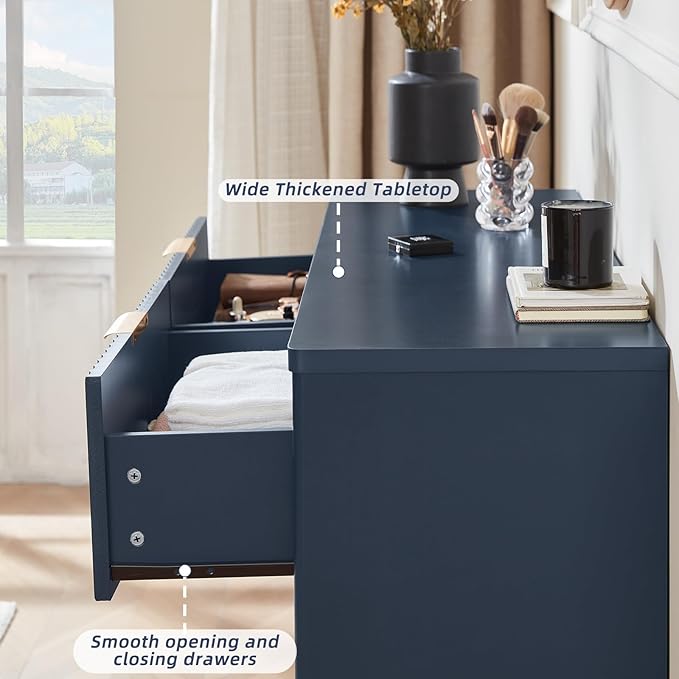 LEYAOYAO Fluted 6 Drawers Dresser Set of 2, 48" Wide Modern Chest of Drawers with Woodgrain Top, Curved Profile Design, Dresser TV Stand, Wood Drawer Organizer for Bedroom, Living Room, Hallway,Blue