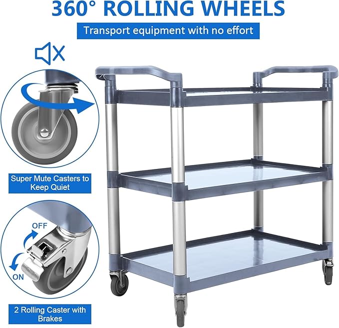 3-Tier Plastic Service Utility Cart with Wheels, Heavy Duty 3-Shelf Rolling Utility/Push Cart for Foodservice/Commercial/Restaurant/Office/Kitchen/Hotel, Grey