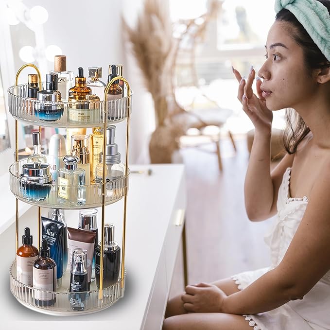 Rotating Makeup Organizer Countertop 3 Tier Lazy Susan Trays Clear Skincare Perfume Storage for Bathroom Counter Vanity, Transparent