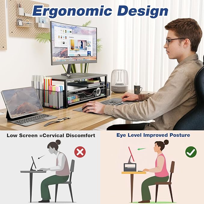 OPNICE Desk Organizers and Accessories, 2-Tier Computer Monitor Stand Riser with Drawer and 2 Pen Holders, Laptop Stand, Office Desk Accessories for Office Supplies, Brown