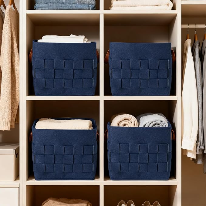 boldmonkey Storage Basket 3 Pack, 13" x13" x13 Large Blanket Baskets with Leather Handle, Cube Felt Fabric Storage Box for Shelves, Bedroom, Nursery, Living Room -Navy blue