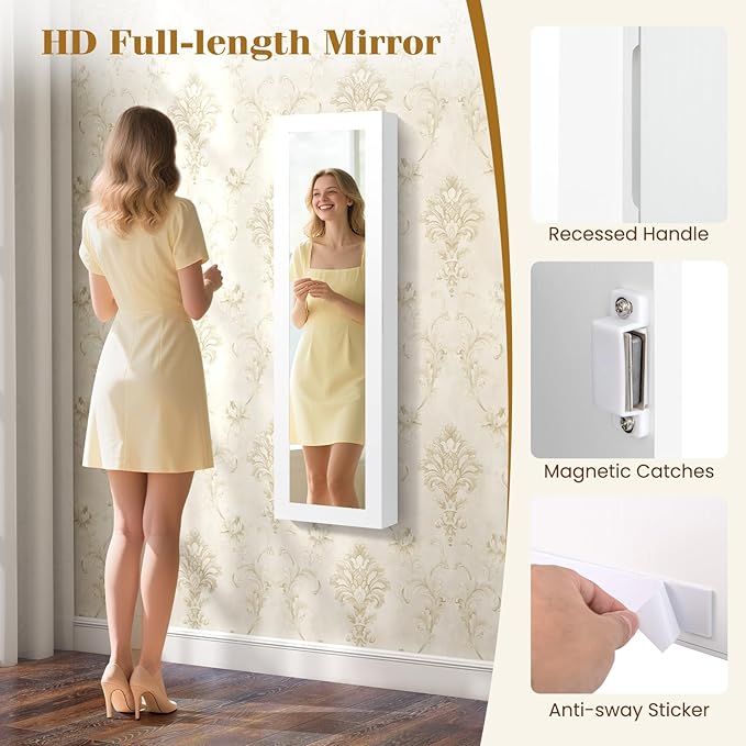 5 LEDs Mirrored Jewelry Cabinet Wall Mounted or Door Hanging, 42” Jewelry Box Armoire with Full Length Mirror, 2 Drawers & Shelves, Over the Door Jewelry organizers and Storage (White)
