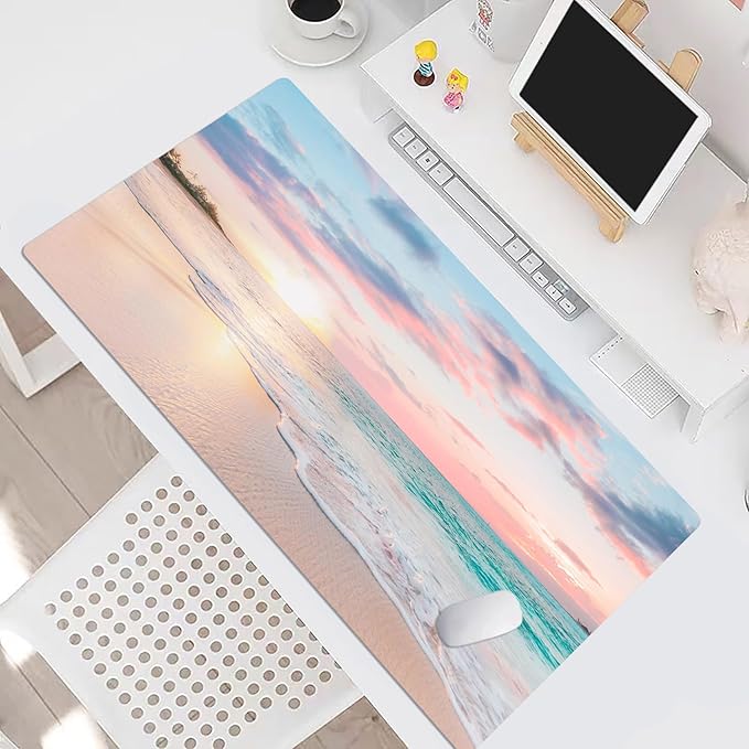 LB Coastal Beach Sunset Mouse Pad Nature Teal Ocean Large Mouse Pad for Desk Modern Aesthetic Extended Desk Pad Non-Slip Rubber Base Computer Mouse Mat for Home Office Gaming 15.7L X 31.5W Inch