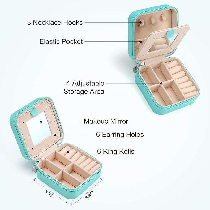 Parima Travel Jewelry Organizer Box - Small Case for Women, Mini Jewelry Box - Letter V, Aqua Blue