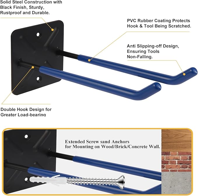 Steel Garage Storage Hooks Wall Tool Organizer, 14 Inch Garage Hook Heavy Duty Utility Storage Hangers Blue for Ladders, Chairs, Garden Tools, Set of 4