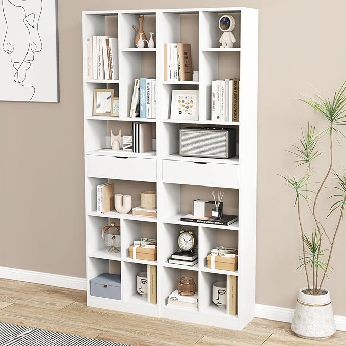 Giantex 71" Bookcase with Drawer, Tall Freestanding Bookshelf with 10 Open Cubes, Floor Display Shelving Unit, Modern Storage Organizer for Living Room, Bedroom, Study, White