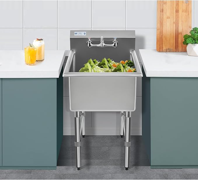 HALLY Commercial Stainless Steel Sink 1 Compartment NSF Prep & Utility Sink with 8" Faucet 24" L x 24" W x 12" D Bowl for Bar, Restaurant, Kitchen, Hotel and Home