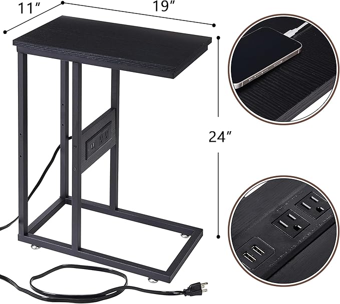 VECELO C Shaped End Side Table with Charging Station & Power Outlets for Couch Sofa/Bed, Snack TV Tray with Metal Frame for Living Room Bedroom 2 PCS, Black