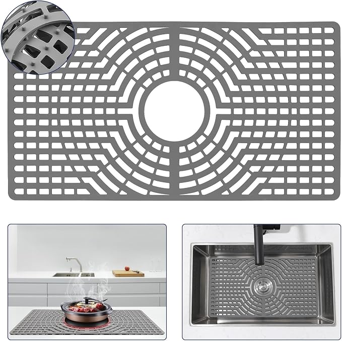 Silicone Sink Protector 28"x15" Center Drain Hole, Heat Resistant Non-slip Dishwasher Suitable, Large Mat for Bottom of Farmhouse Kitchen Stainless Steel Sink(Grey)