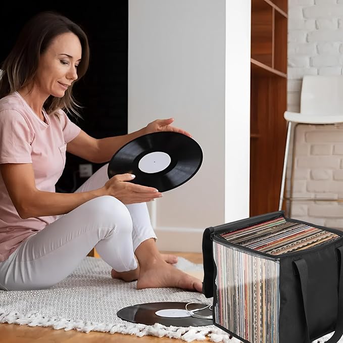 1/4 Pcs Vinyl Record Storage Box with Lid and Handles, Oxford Cloth Record Album Storage Crate, Foldable and Stackable Record Organizer Storage Case for Collecting Valuable Album (4PCS)