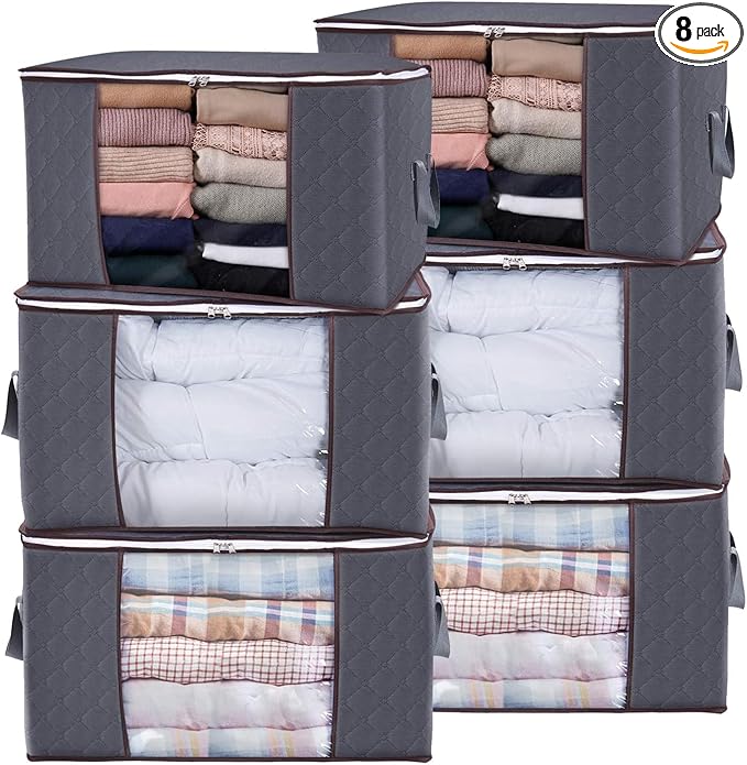 Large Clothes Storage Bags 8 Pack, Foldable Closet Organizers with Durable Breathable Fabric & Clear Window for Blankets, Comforters, Pillows, Bed Sheets, Toys & Seasonal Clothing (Gray)