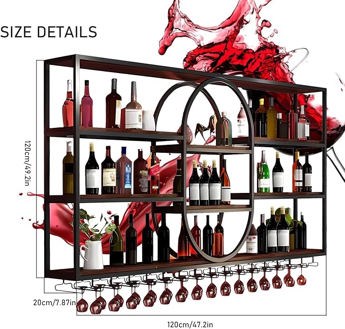 Large Wall Mount Wine Rack, Metal 4 Tier Large Capacity Hanging Bar Rack with Wine Glass Holder, Oval Wine Bottle Storage Display Rack for Kitchen, Living Room, Home (H, 71in)