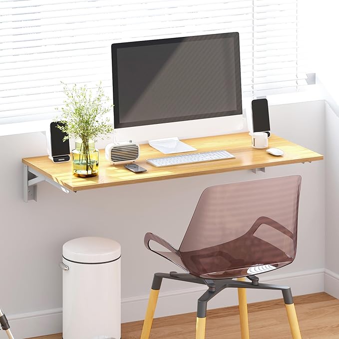 Need Wall Mounted Desk - Heavy Duty Folding Work Table Length 36" Width 20"/Small Space Hanging Desk Perfect Addition to Home/Office/Kitchen & Dining Room Teak&White AC15-9050TW-ND