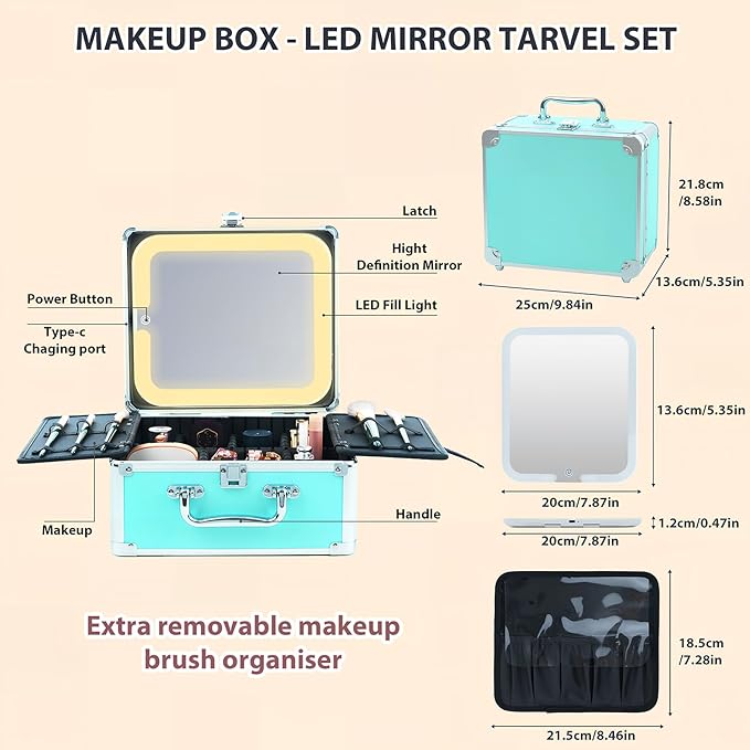 Makeup Organizer Box with Detachable Lighted Mirror, Travel Train Cosmetic Case, Adjustable Divider Storage Bag, Portable Artist Storage Suitcase with Magnetic LED Mirror (Rose Gold)