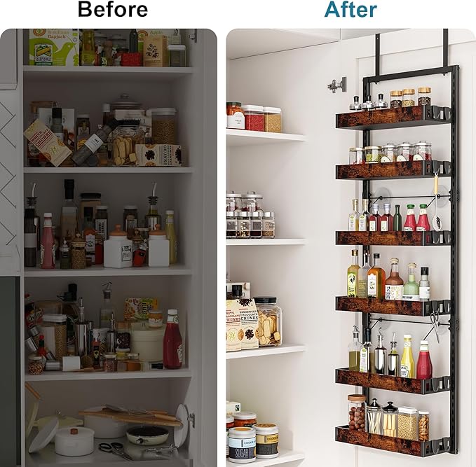 bukfen Over the Door Pantry Organizer, 6-Tier Adjustable Wooden Basket Kitchen Pantry Door Organization and Storage, Heavy-Duty Metal Hanging Kitchen Spice Rack,D6.3 x W17.71 x H50.60 inch,1 Pack