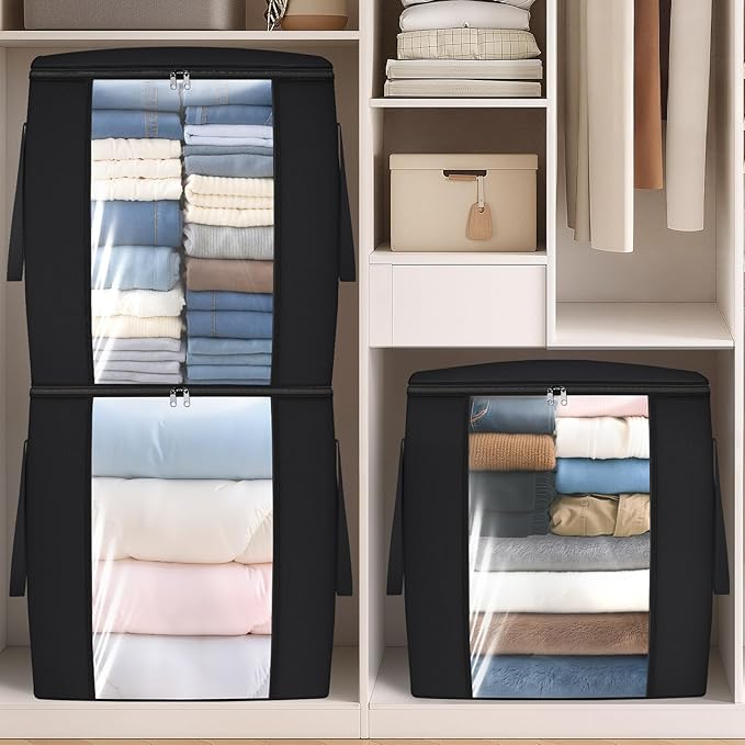 120L Extra Large Clothes Storage Bags, Foldable Blanket Storage and Organization, Thick Fabric Containers with Reinforced Handles & Zippers for Clothing, Comforters, Bedding, Black, 6 Pack