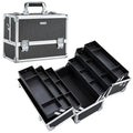 FRENESSA Makeup Train Case Makeup Case 12.6 Inch Large Cosmetic Box Organizer Travel Storage Professional Make Up Train Carrying Case with 6 Trays Locking Shoulder Strap Hard Vanity Storage Black