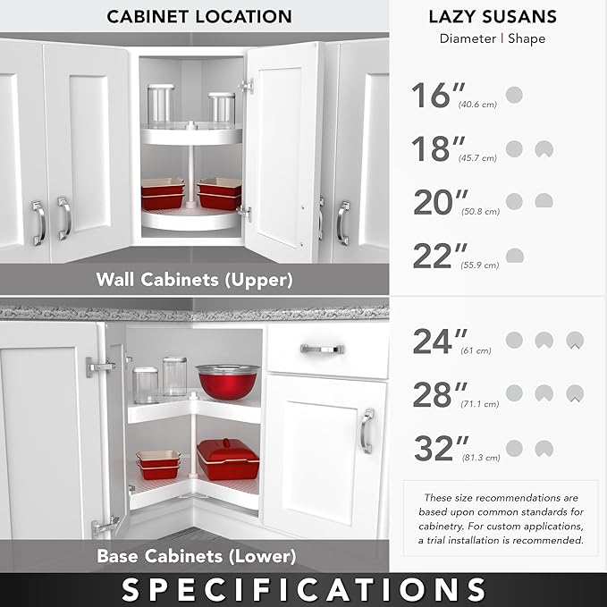 Rev-A-Shelf 2 Tier Pie-Cut Lazy Susan for Corner Base Cabinets, Plastic, 28" Double Shelf Swivel Kitchen Spice and Can Organizer, White, 6942-28-11-52
